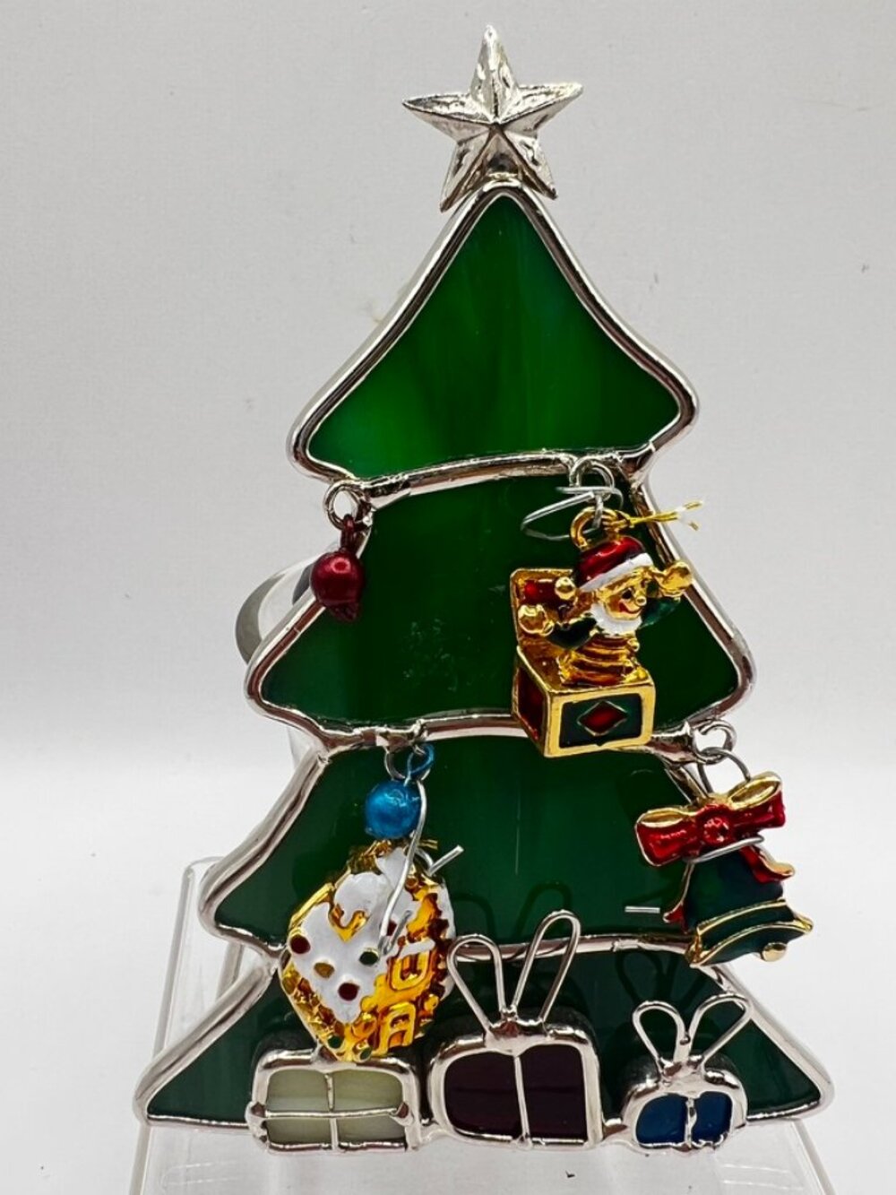 Stained Glass Christmas Tree With Presents & Ornaments Votive Holder 5.25”